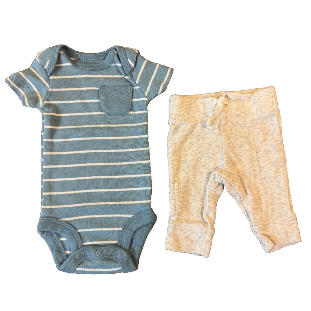 Carters Preemie Baby Boy Outfit Bodysuit Pants 2 Piece Reborn Doll Striped Blue